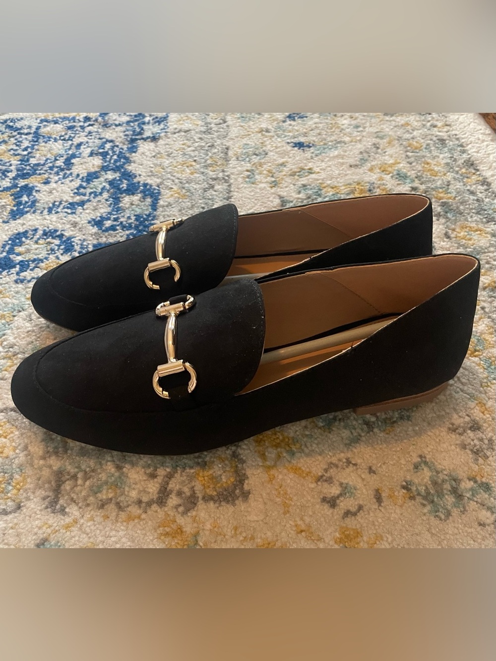 Black Faux Suede Loafers with Gold Buckle Detail - Women's NEW
